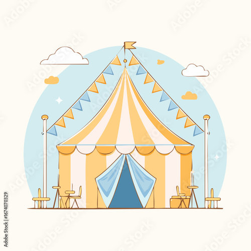 Cartoon illustration of a circus tent with colorful decorations and stage equipment.