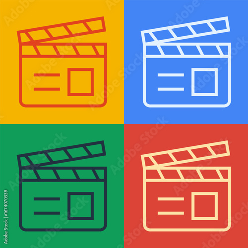 Pop art line Movie clapper icon isolated on color background. Film clapper board. Clapperboard sign. Cinema production or media industry. Vector