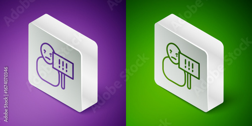 Isometric line Protest icon isolated on purple and green background. Meeting, protester, picket, speech, banner, protest placard, petition, leader, leaflet. Silver square button. Vector