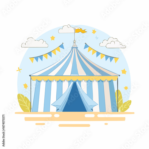 Illustration of a blue and white striped circus tent with bunting, clouds, and stars against a light blue background.
