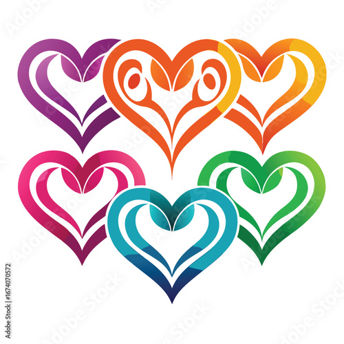 Group of six stylized hearts with colorful gradient fills on white background love symbol