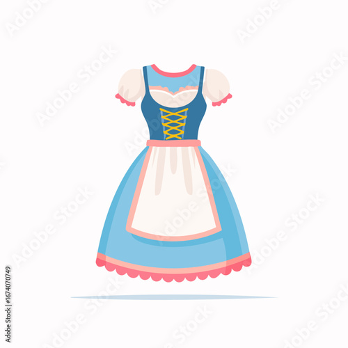 Traditional Bavarian dirndl dress, light blue, white apron,  short sleeves,  lace trim.