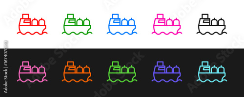 Set line Oil tanker ship icon isolated on black and white background. Vector