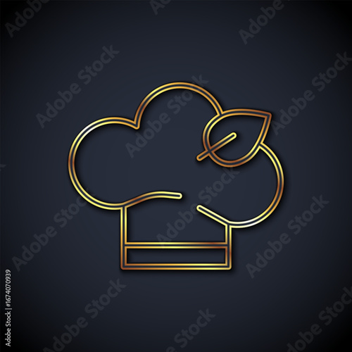 Gold line Vegan food diet icon isolated on black background. Organic, bio, eco symbol. Vegan, no meat, lactose free, healthy, fresh and nonviolent food. Vector