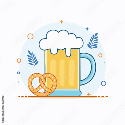 Cartoon illustration of a beer mug with foam and a pretzel.