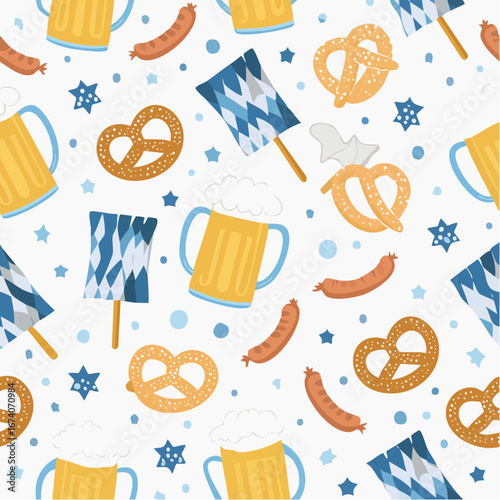 Bavarian festival food and drink pattern, featuring pretzels, beer mugs, sausages, and traditional colors.
