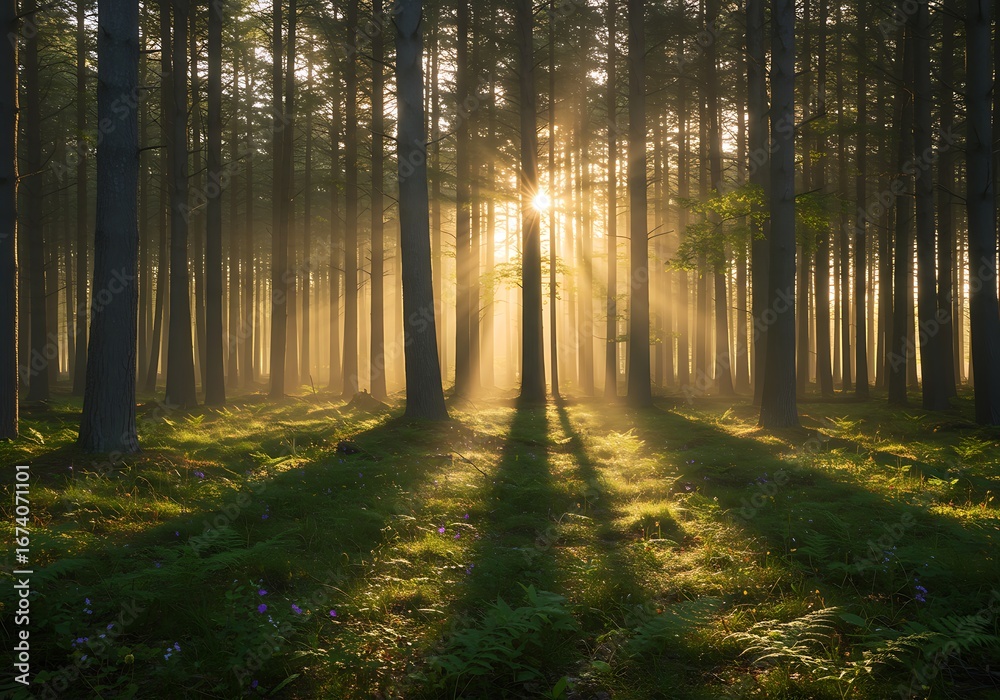 Fototapeta premium Golden Hour Forest: Sunlit Path