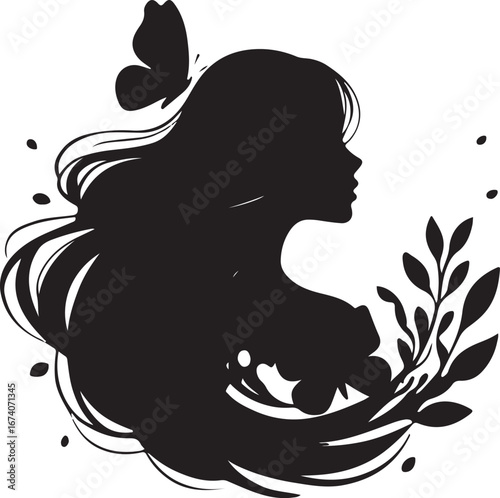 Black silhouette profile of a woman with long flowing hair and a butterfly