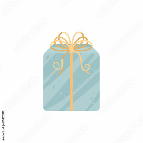 Light Blue Gift Box with Gold Ribbon and Swirls.