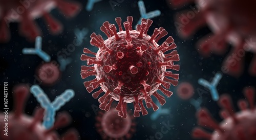 3D render of virus with antibodies immune response concept in blue and red abstract biology science, ai generation