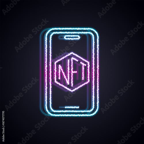 Glowing neon line Mobile with art store app icon isolated on black background. Technology of selling NFT tokens for cryptocurrency. Non fungible token. Vector