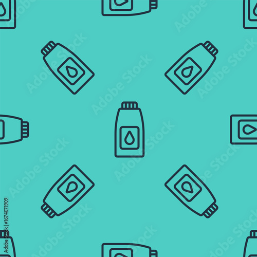 Black line Canister for motor machine oil icon isolated seamless pattern on green background. Oil gallon. Oil change service and repair. Vector
