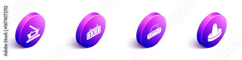 Set Isometric Ice hockey cup champion, Hockey mechanical scoreboard, Sport bag and Mallet for playing air hockey icon. Vector
