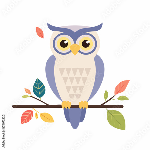 A cute cartoon owl perched on an autumn branch, surrounded by falling leaves.