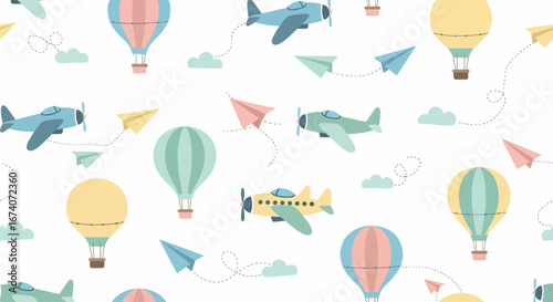 Whimsical Vintage Airplanes and Hot Air Balloons Seamless Pattern.