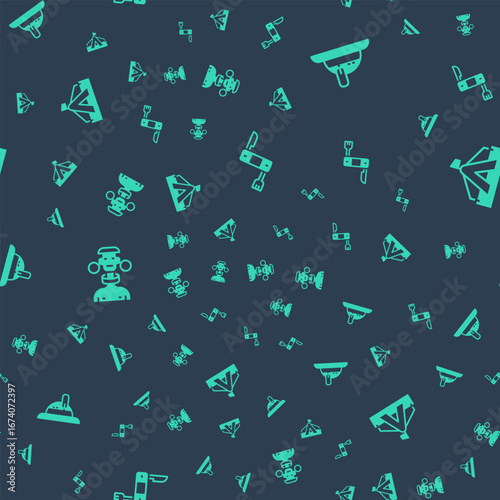 Set Swiss army knife, Hunter hat, African tribe male and Tourist tent on seamless pattern. Vector