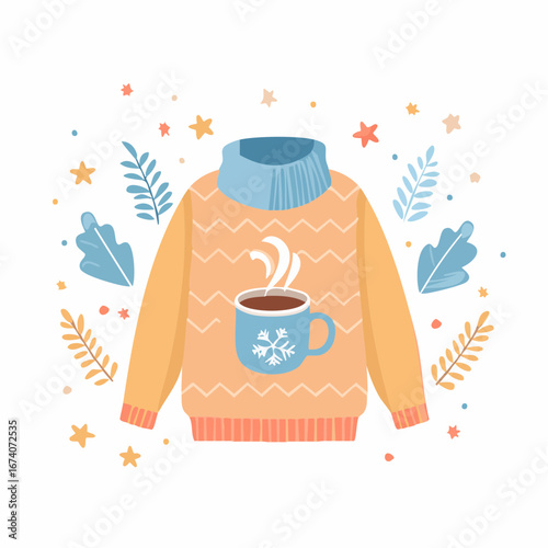 Warm, cozy sweater illustration with a steaming cup of hot chocolate, surrounded by wintery elements.