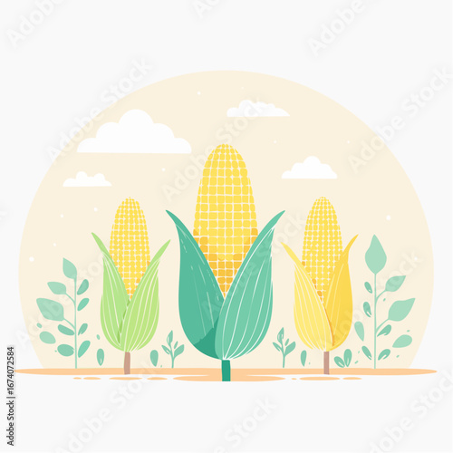 Three stylized corn cobs in a field, with pastel colors and simple leaf designs.