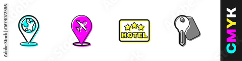 Set Location on the globe, Plane, Signboard with text Hotel and door lock key icon. Vector