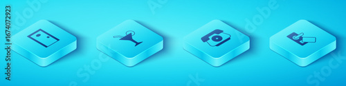 Set Isometric Hotel door, Cocktail, Digital lock and Telephone handset icon. Vector