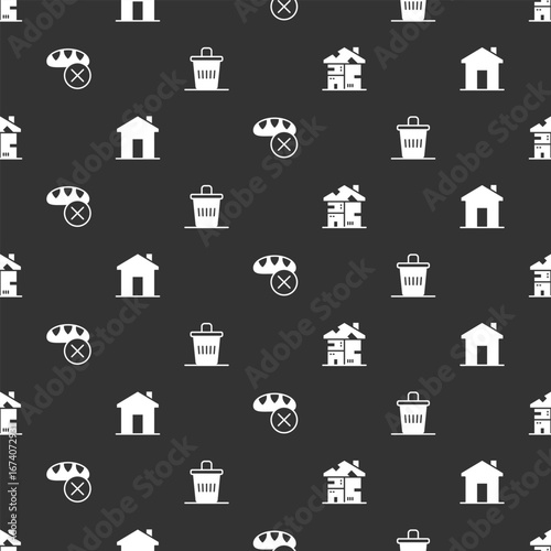 Set Homeless cardboard house, Real estate, Donation food and Trash can on seamless pattern. Vector