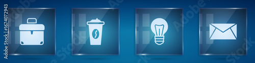 Set Briefcase, Coffee cup to go, Light bulb and Mail and e-mail. Square glass panels. Vector