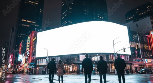 Fototapeta Naklejka Na Ścianę i Meble -  Group of people admiring large blank billboard in Times Square at night with bright lights and reflections on wet pavement, creating a modern urban scene.