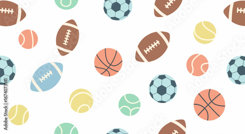 Pastel sports balls seamless pattern featuring footballs, basketballs, soccer balls, tennis balls, and textured round balls.