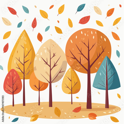 A stylized illustration of a colorful autumn woodland with various trees and falling leaves.
