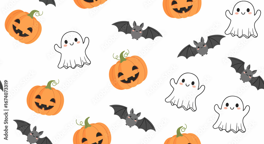 Fototapeta premium Cute Halloween Pattern with Pumpkins, Ghosts, and Bats.