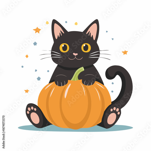 Adorable black kitten sitting happily beside a large orange pumpkin, surrounded by sparkling stars.