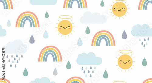 Seamless Pattern with Rainbows, Clouds, Raindrops, and Smiling Sun with Halo.