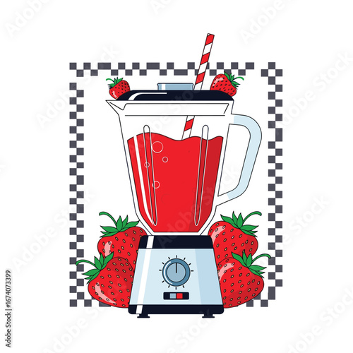 Delicious red strawberry smoothie blended fresh in a kitchen appliance surrounded by ripe berries