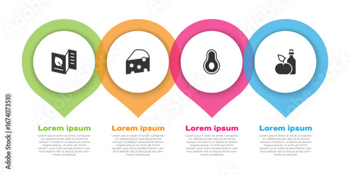 Set Vegetarian food menu, Cheese, Avocado fruit and Apple cider vinegar in bottle. Business infographic template. Vector