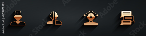 Set Male doctor, Bipolar disorder, Hypnosis and Online psychological counseling icon with long shadow. Vector