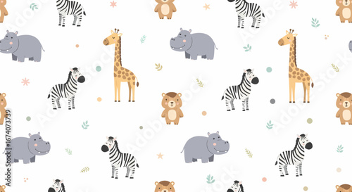 Cute cartoon safari animals seamless pattern with zebra, giraffe, hippo, and lion.