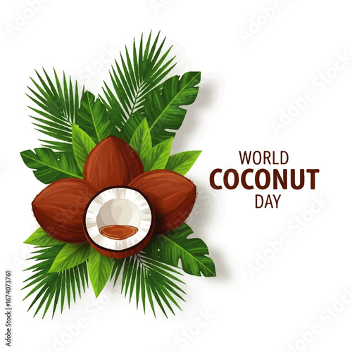 Vibrant illustration celebrating the freshness and tropical essence of coconuts, adorned with lush palm leaves, perfect for summer themes, healthy nutrition, or festive occasions
