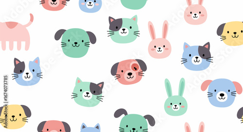 Sweet pastel cartoon animal faces pattern, including cats, dogs, and rabbits, in a charming, flat, and playful illustration.