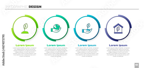 Set Sprout, Hand holding Earth globe, Plant hand and Eco friendly house. Business infographic template. Vector