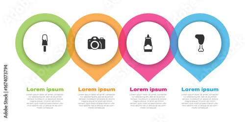 Set Ice cream, Photo camera, Sauce bottle and Chicken leg. Business infographic template. Vector