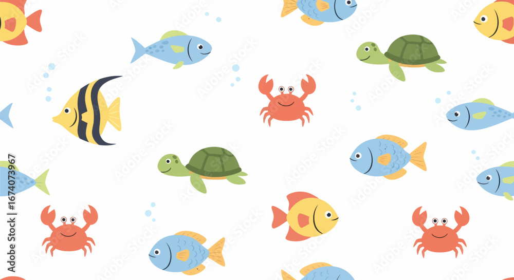 Fototapeta premium Colorful cartoon sea creatures seamless pattern with various fish, crabs, and turtles.
