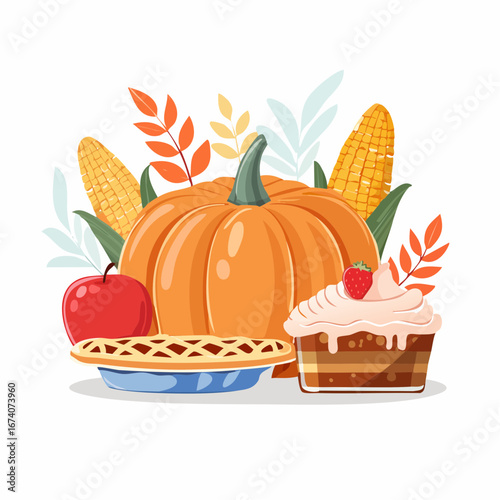 A bountiful autumn harvest illustration featuring a large pumpkin, corn cobs, apple pie, and a slice of cake.