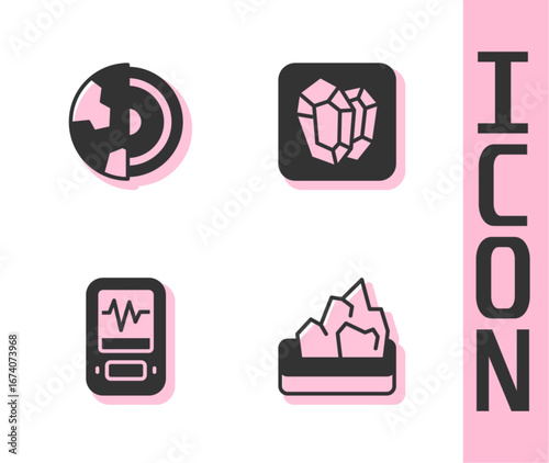 Set Ore mining, Earth core structure crust, Seismograph and Gem stone icon. Vector