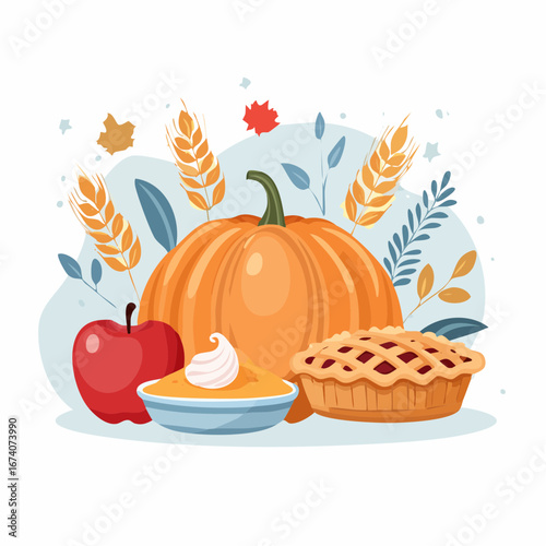 A festive autumn harvest illustration featuring a large pumpkin, an apple, pies, and wheat stalks.