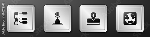 Set Soil analysis, Tacheometer, theodolite, Oilfield and Earth globe icon. Silver square button. Vector