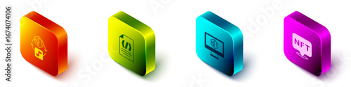 Set Isometric NFT Digital crypto art, Binary code, Monitor with store app and icon. Vector