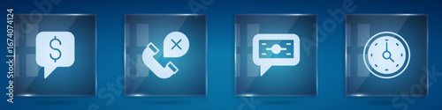 Set Paid support, Declined missed phone call, Stacks paper money cash and Clock. Square glass panels. Vector