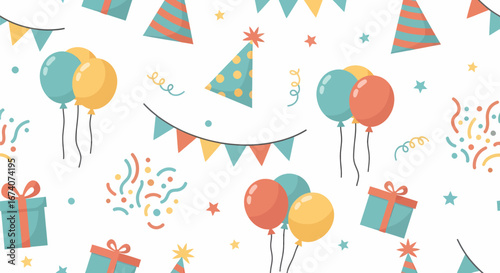 Colorful seamless birthday pattern featuring festive balloons, party hats, gifts, and confetti elements.