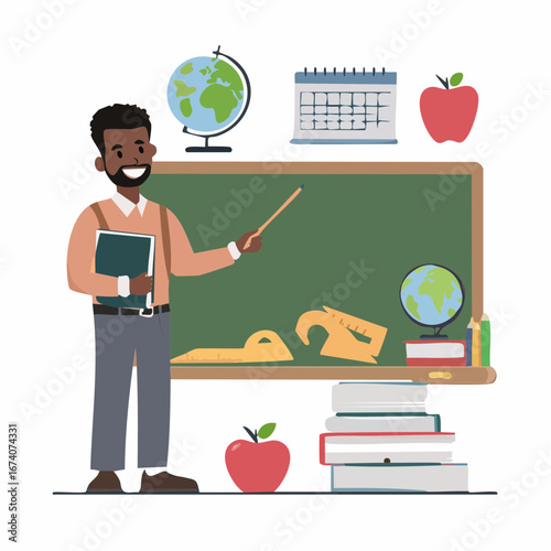 A smiling African American male teacher holds a book and pointer, standing before a chalkboard surrounded by various educational supplies.