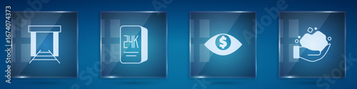 Set Gold mine, bars 24k, Eye with dollar and nugget. Square glass panels. Vector